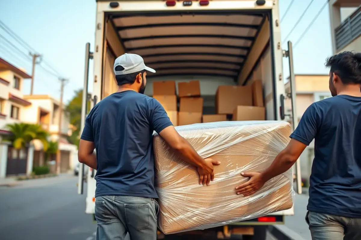 Two movers carrying a wrapped item to a loaded truck