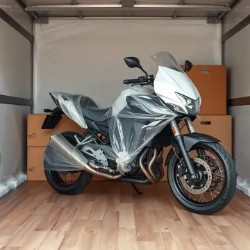 Motorcycle wrapped in plastic inside a truck for transport