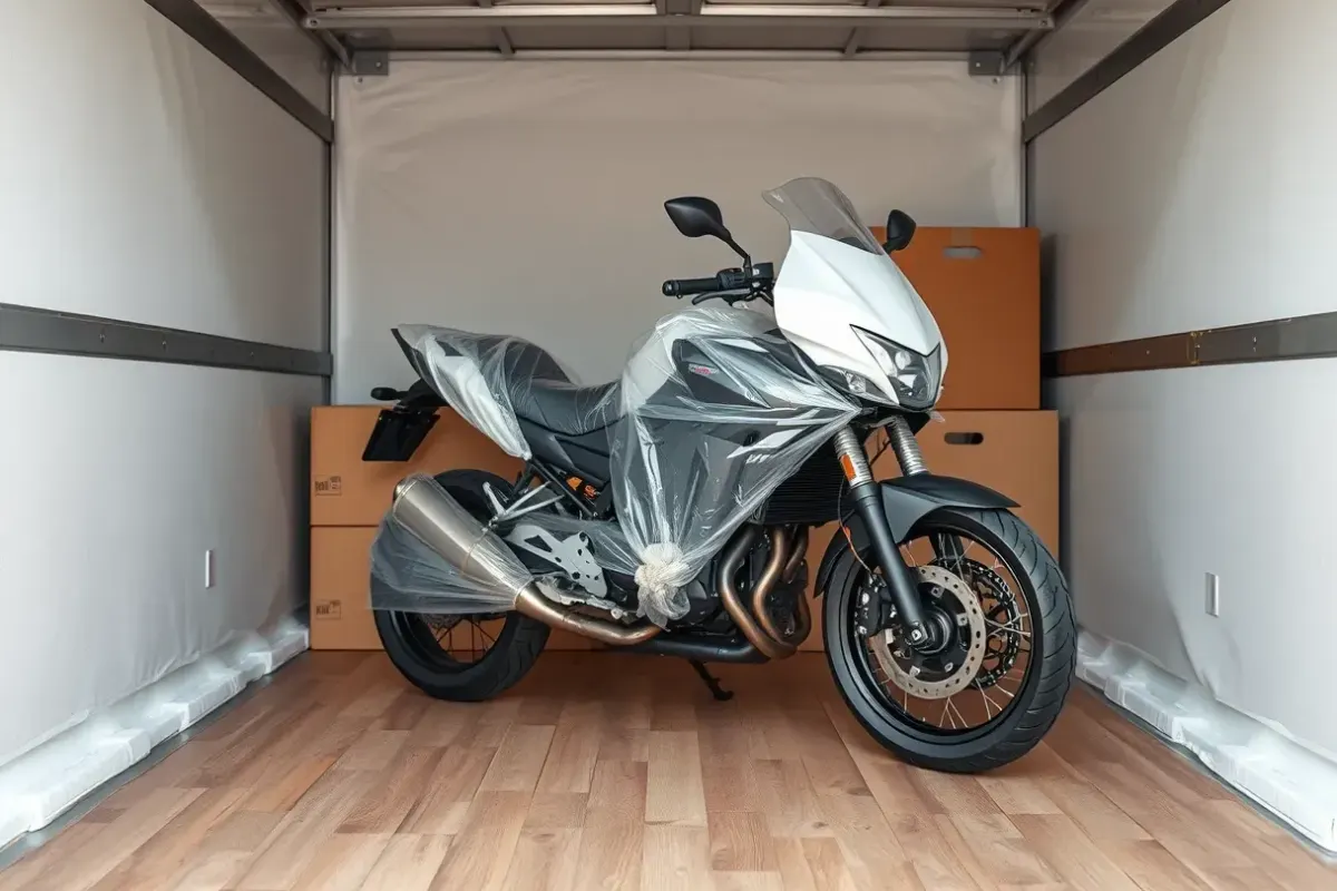 Motorcycle wrapped in plastic inside a truck for transport