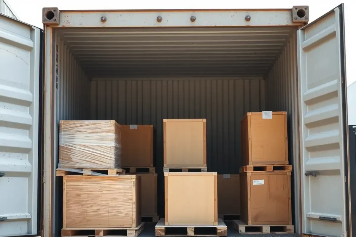 Wooden crates loaded into a shipping container for an international move