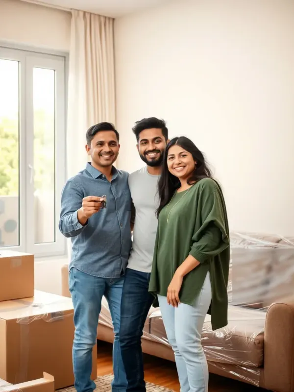 Smiling family with house keys in their new home